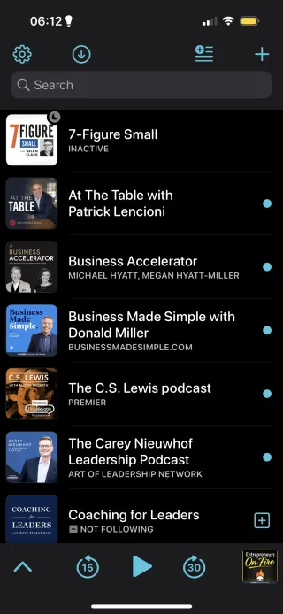 screenshot of a podcast list