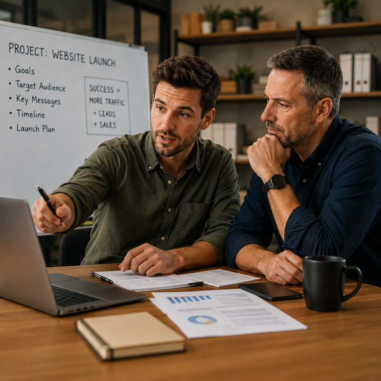 A team member leads a project discussion while a small-business owner listens.
