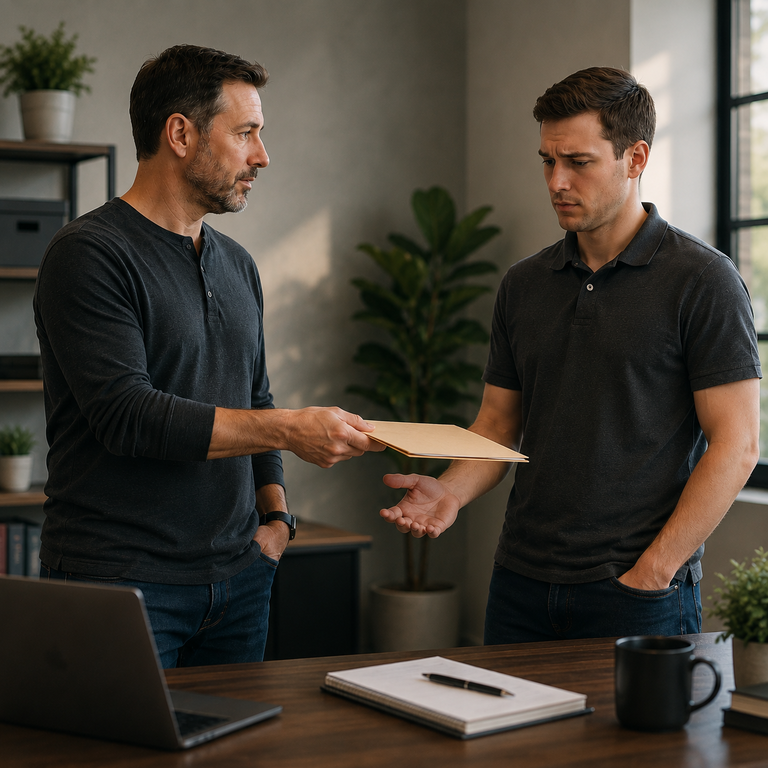 A small-business owner clearly handing off a project to a team member