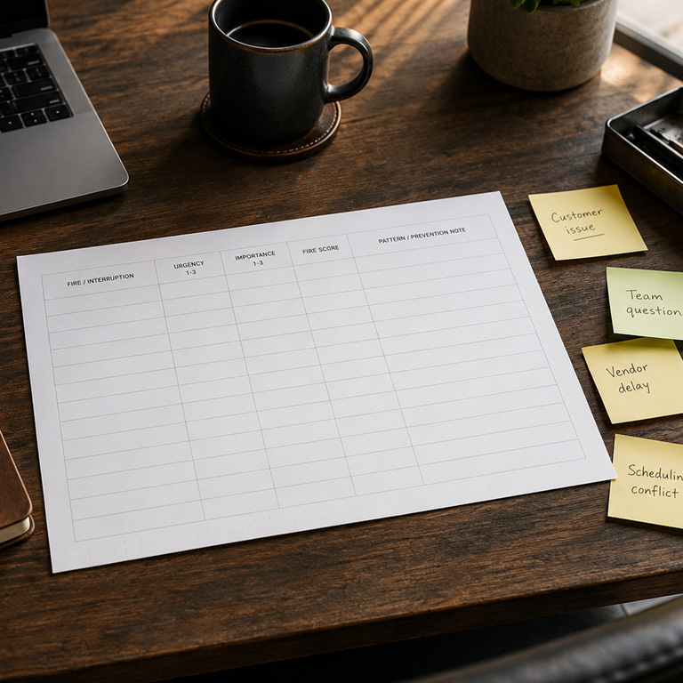 Small business owner reviewing a messy list of urgent problems at a desk
