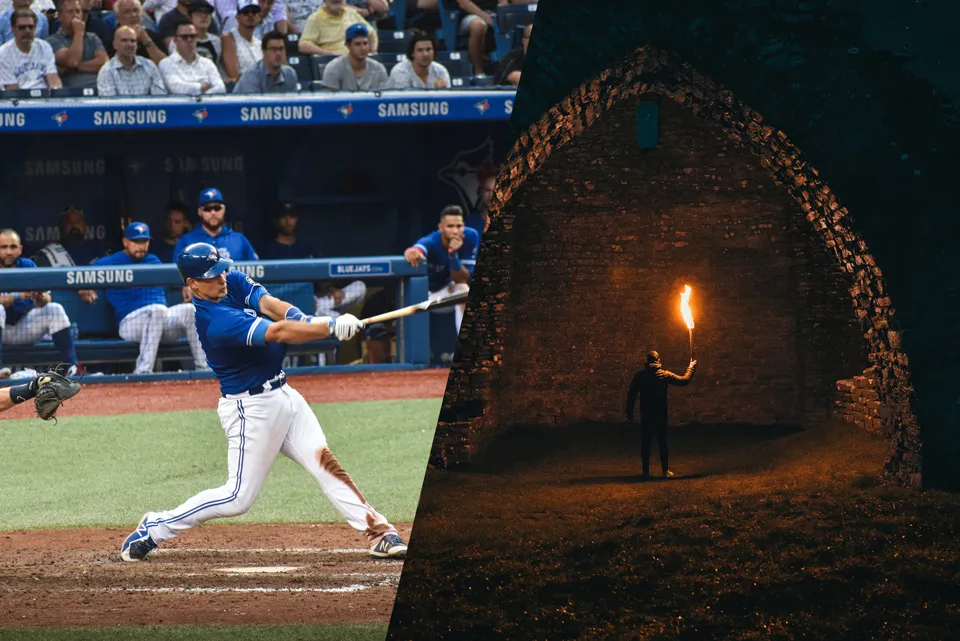 left - a baseball player swings a bat; right - an explorer holds a torch in a cave