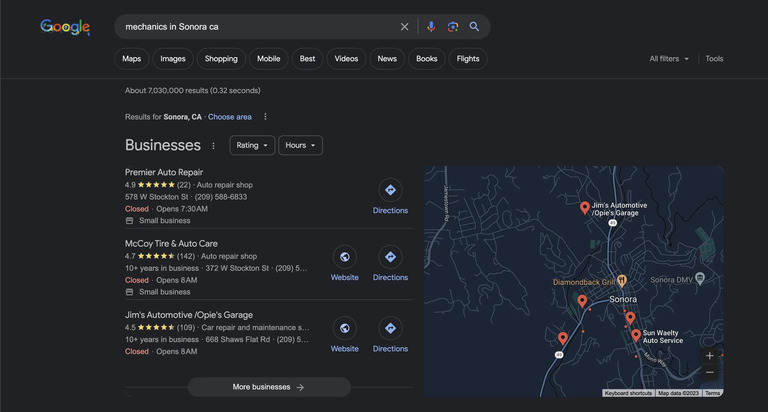 screenshot of Google Business listings