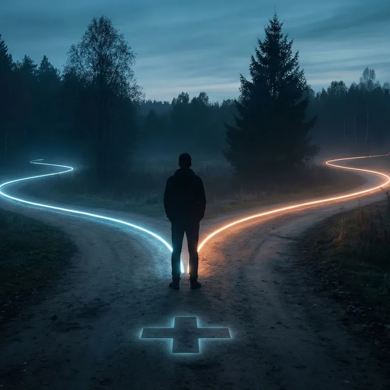 a person standing at a crossroads, choosing between two paths