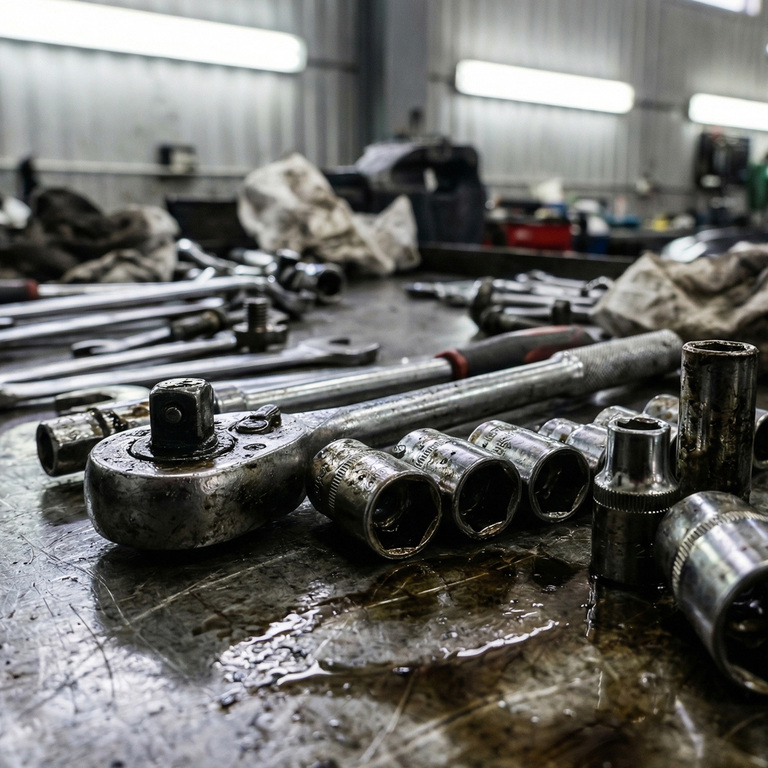 Assorted mechanical tools and tarts on grimy workbench in workshop