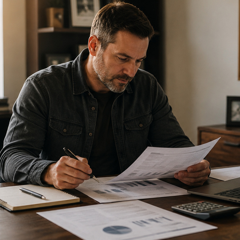 Small-business owner reviewing financial reports during a quiet weekly office check-in.