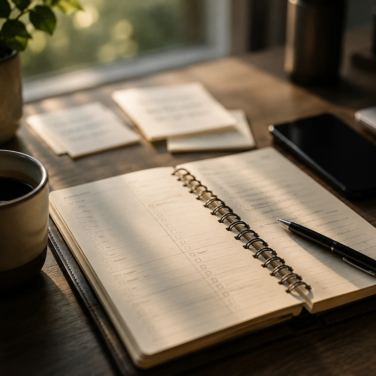 Open planner, pen, coffee, phone, and laptop on a sunlit desk before the workday begins.