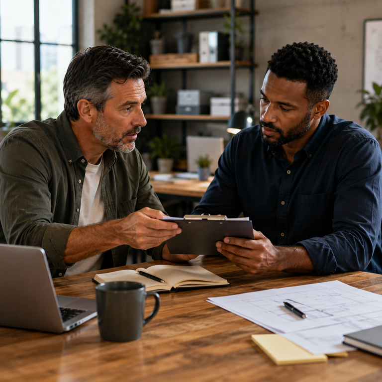Two small-business professionals reviewing a project together during a clear delegation handoff.