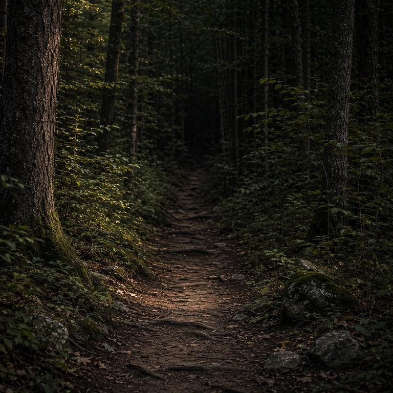 A wooded trail with a clear first stretch that fades into a denser forest.