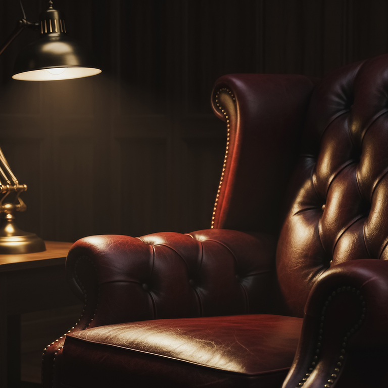 A close-up of a heavy leather chair in a darkened study