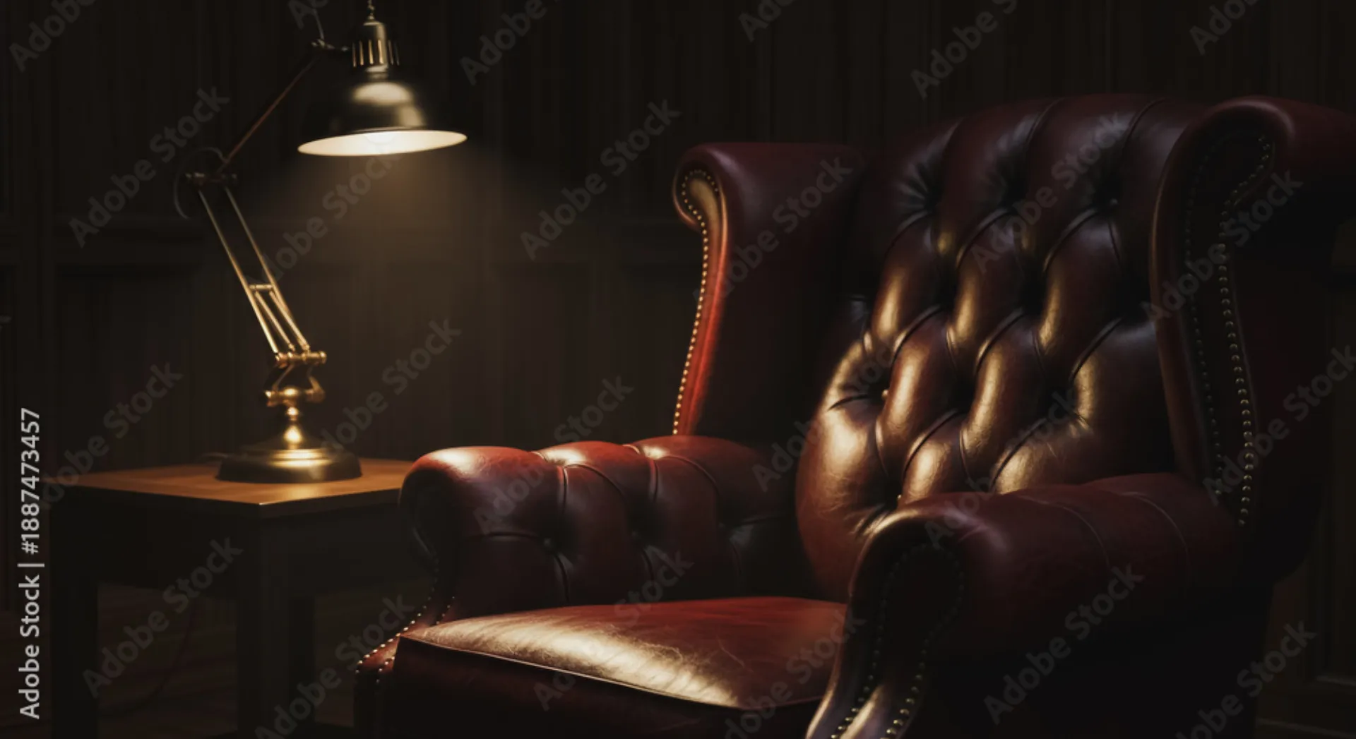 A close-up of a heavy leather chair in a darkened study