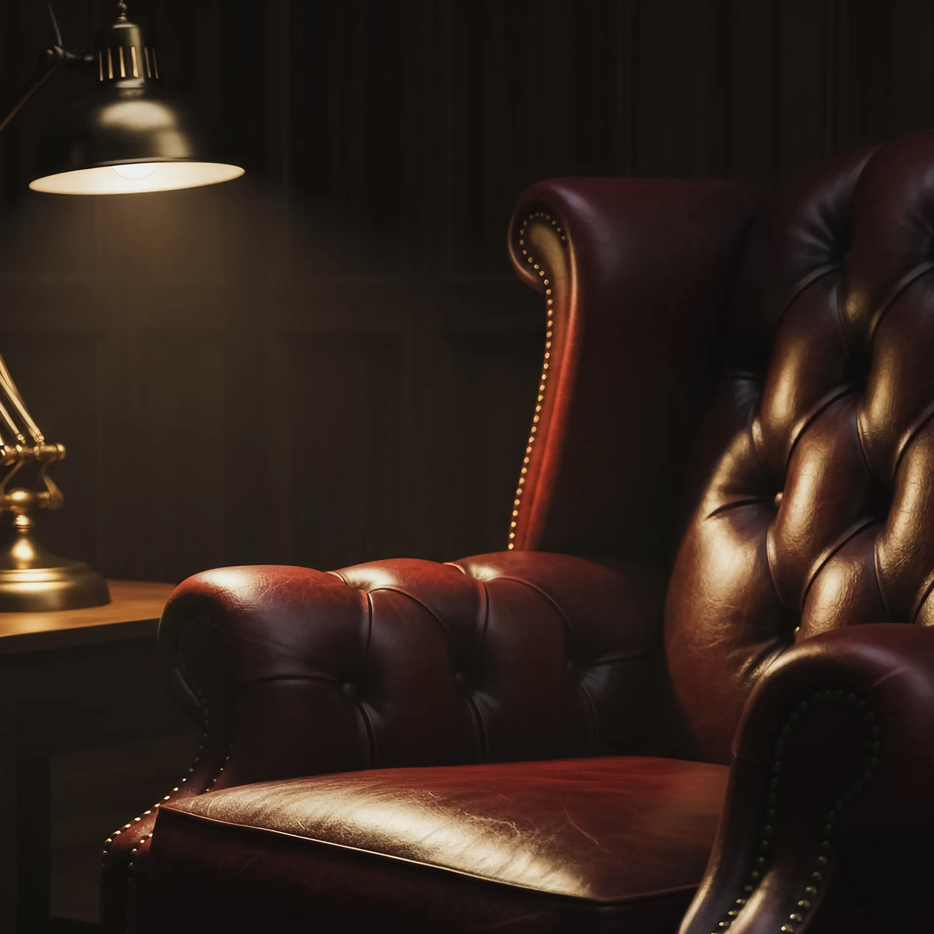 A close-up of a heavy leather chair in a darkened study