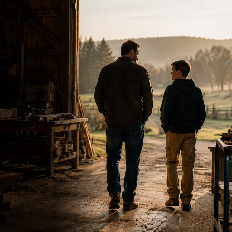 A business owner and his son entering an established family workshop in the early morning, representing work, family, and the future being built together.