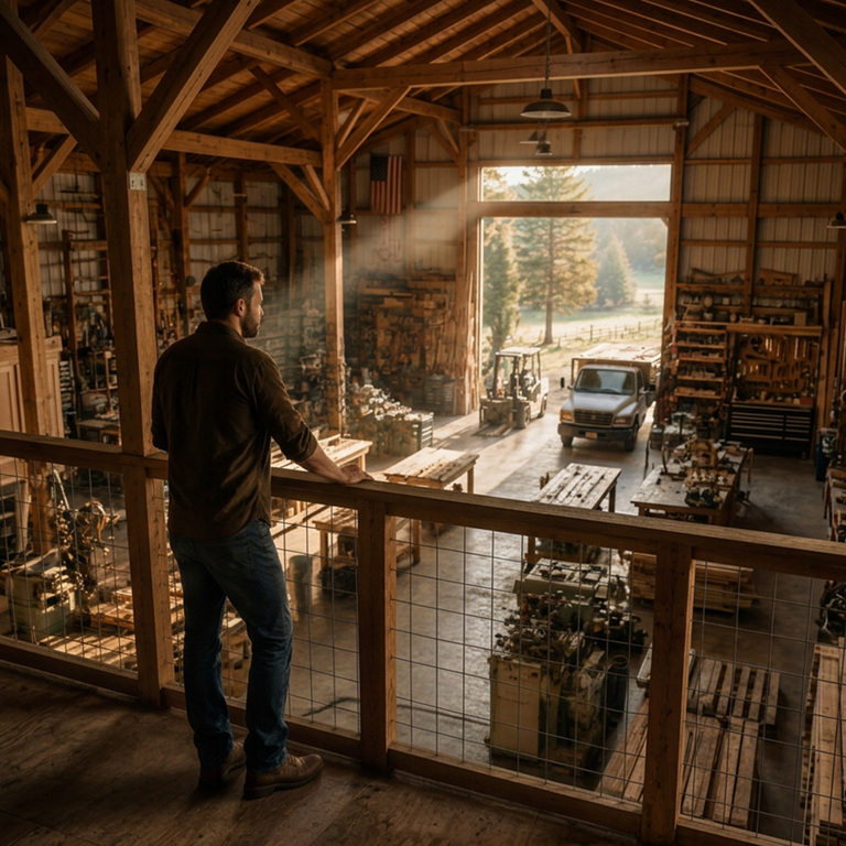 An established business owner quietly overlooking the workshop he has built, reflecting on the larger purpose the business is meant to serve. 