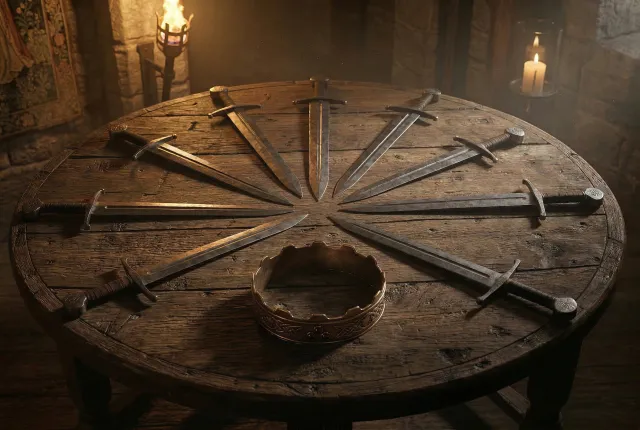 kingly swords and a crown arrayed in a circular pattern on a rustic wooden table