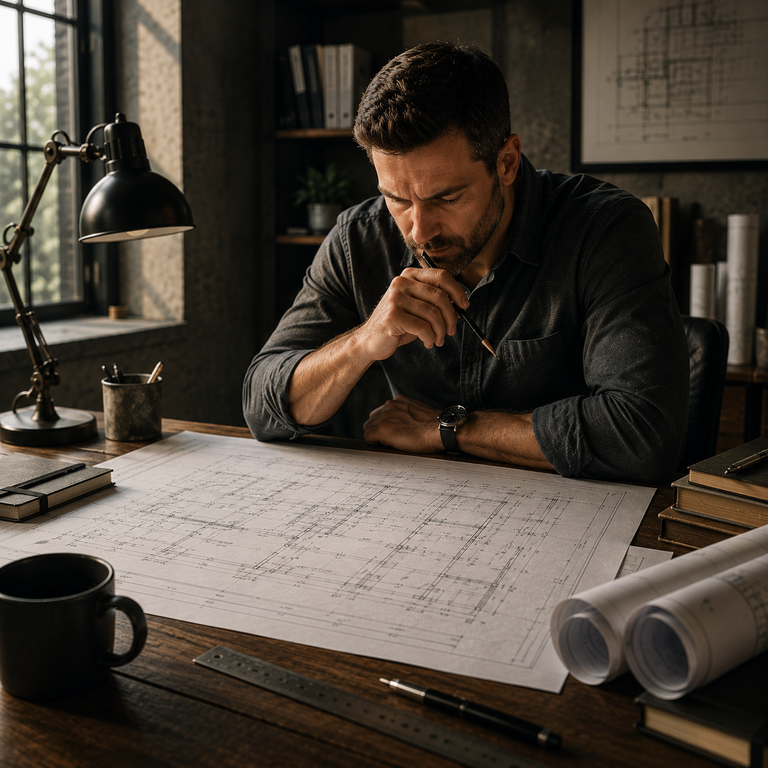 Architect thoughtfully reviewing detailed blueprints at a drafting table, representing clear roles, intentional planning, and stronger team accountability.