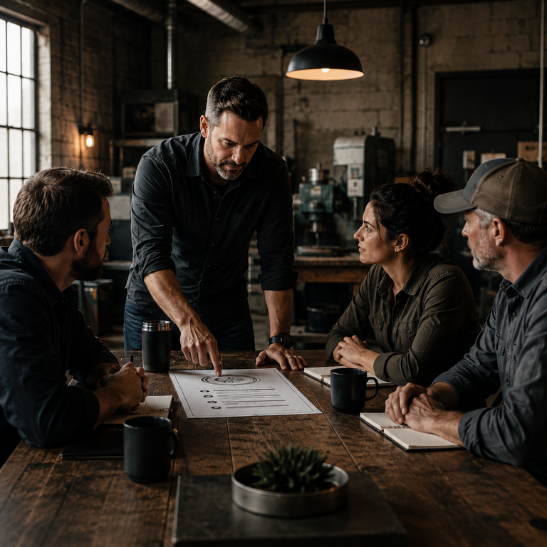 A small-business owner leads a focused team discussion around a mission statement in a light industrial workspace.