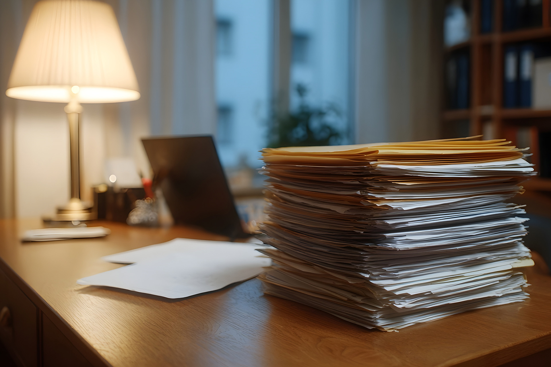 A tall stack of paperwork that still needs to be completed sitting on a desk