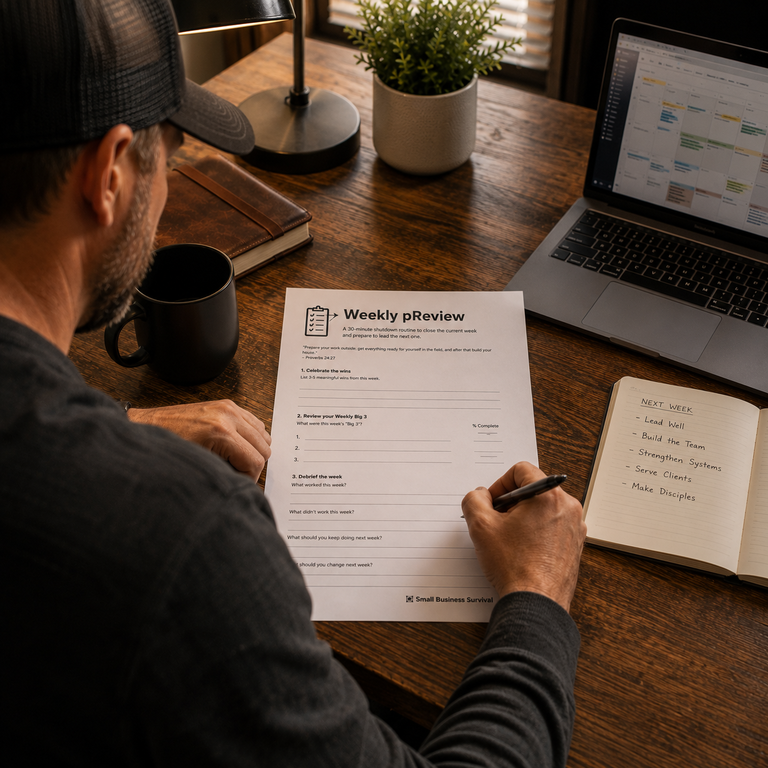 Small business owner reviewing a printed Weekly pReview worksheet at the end of the week with a laptop calendar open beside him.