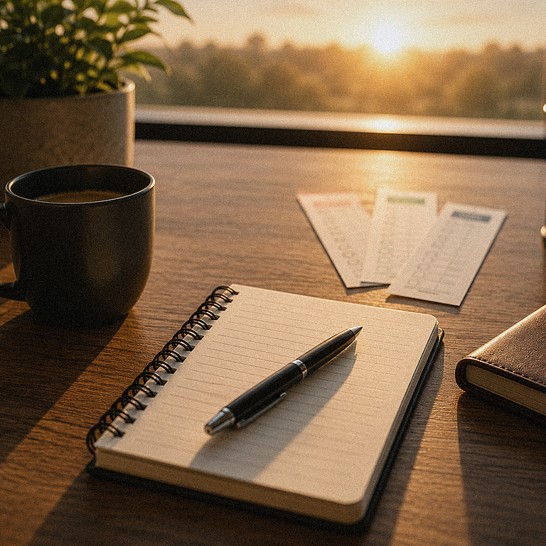 Warm morning sunlight across a focused workspace with a notebook, coffee, pen, and softly blurred checklist slips.
